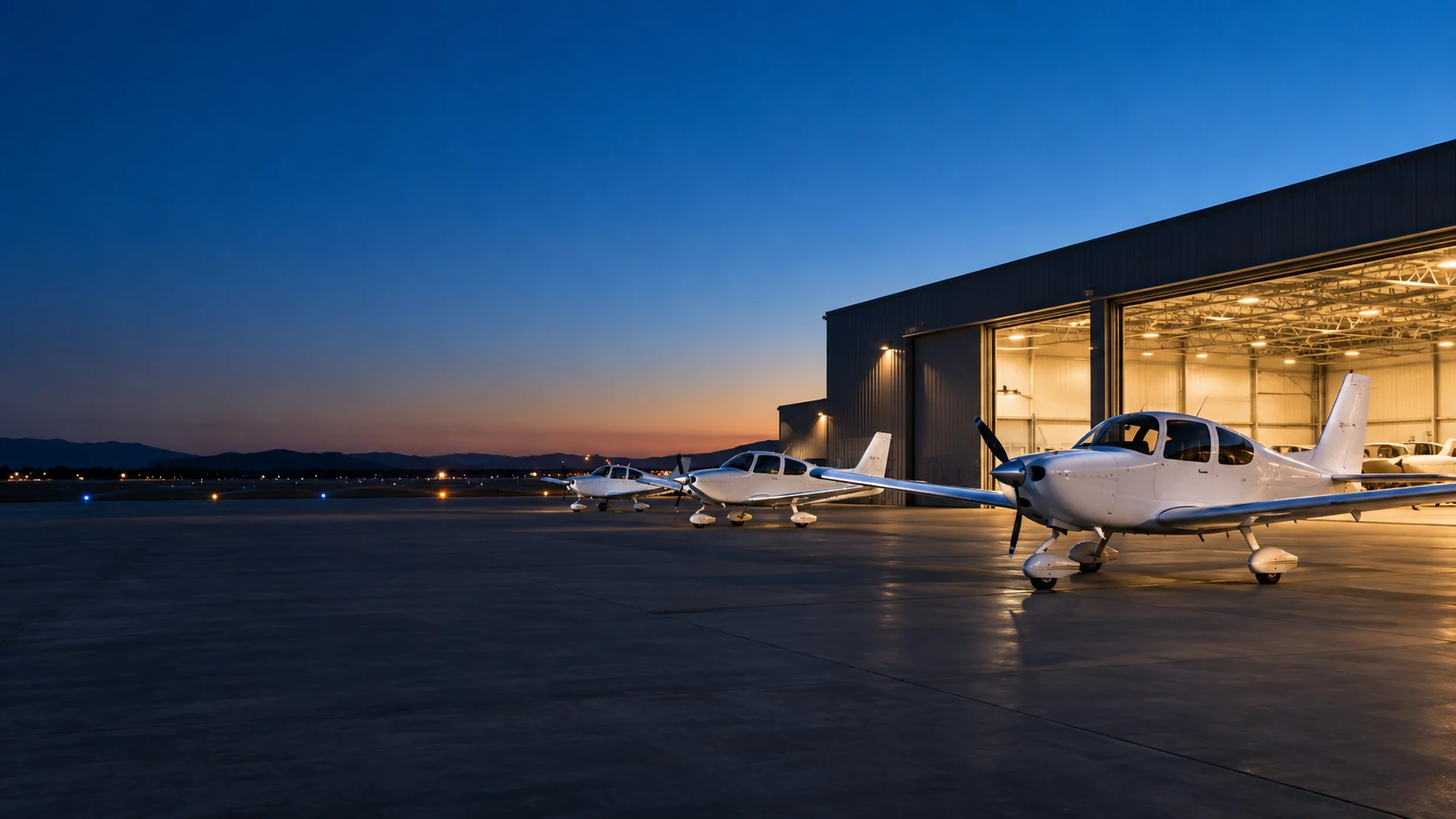 Conceptual ALFA aviation training fleet outside an illuminated hangar at dusk