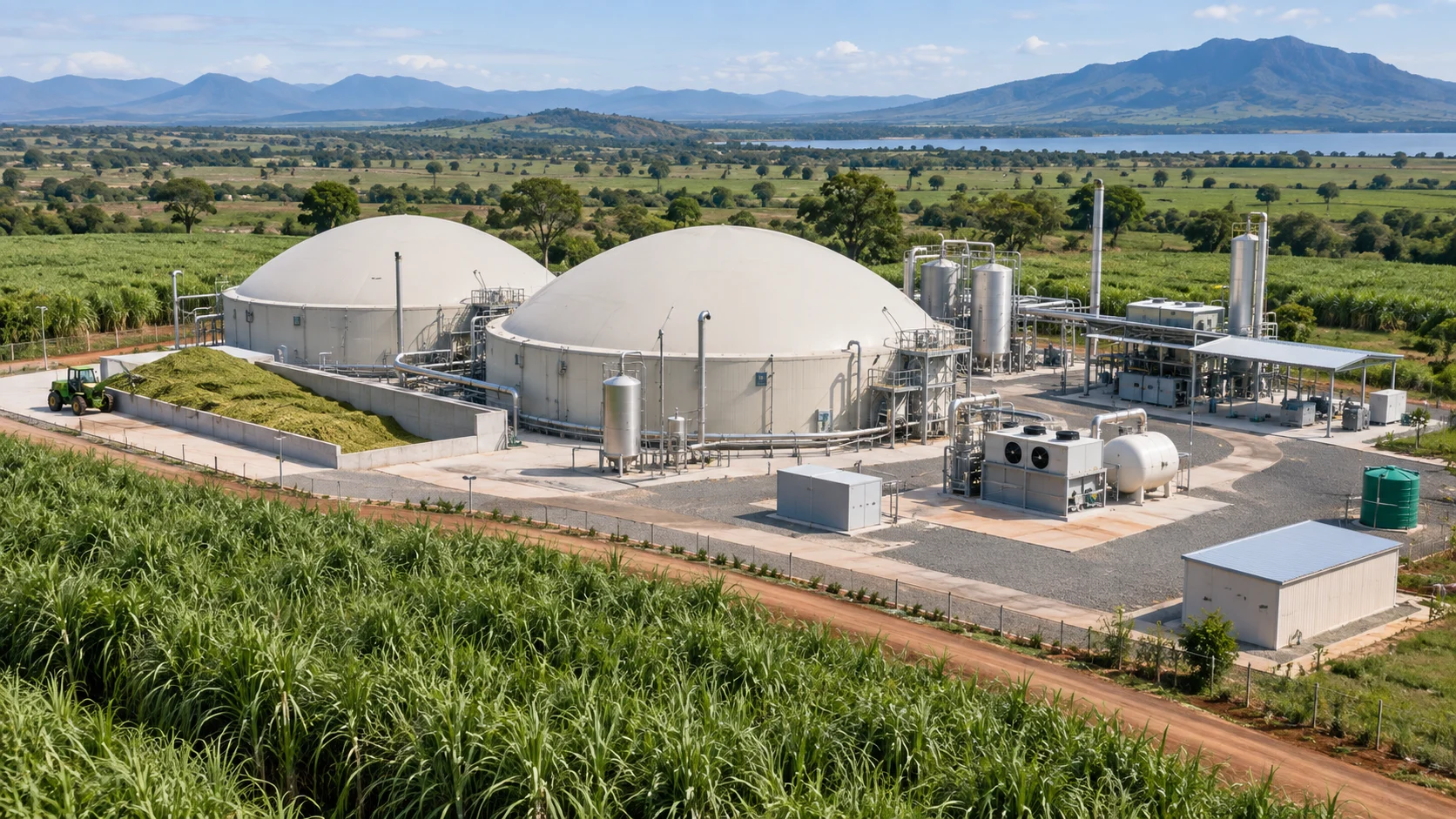 Conceptual biogas facility beside agricultural feedstock fields