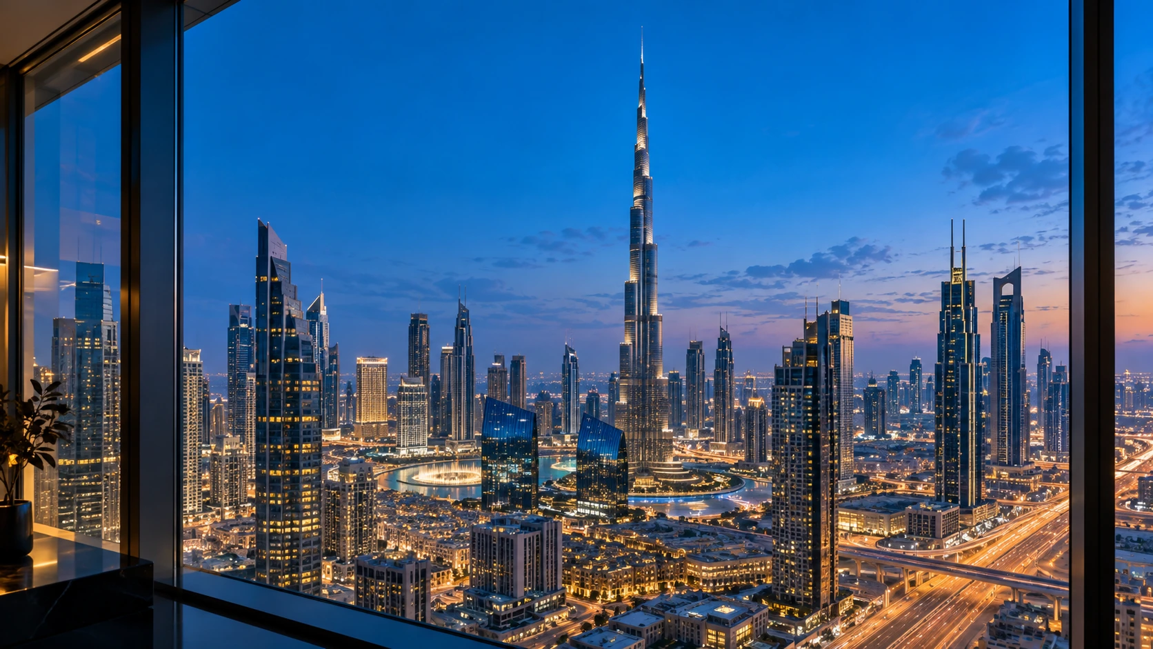 Conceptual Dubai skyline through office glass