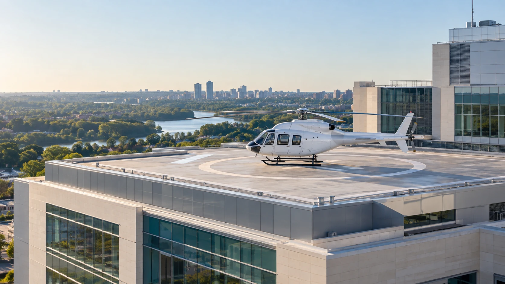 Conceptual hospital rooftop helipad with a city panorama