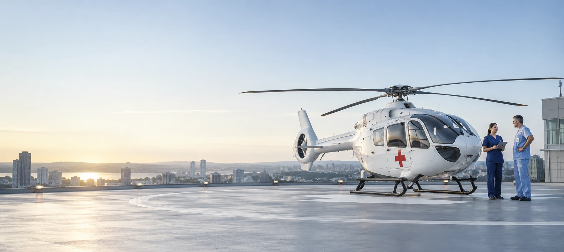 Conceptual medical aviation scene with healthcare professionals and a helicopter